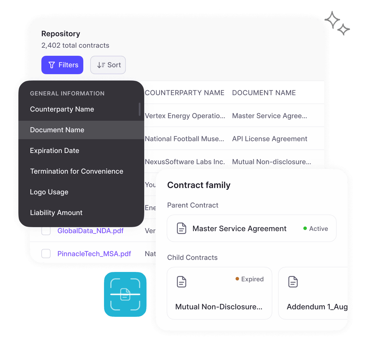 HyperStart contract repository interface showing advanced filters for finding contracts and agreement details