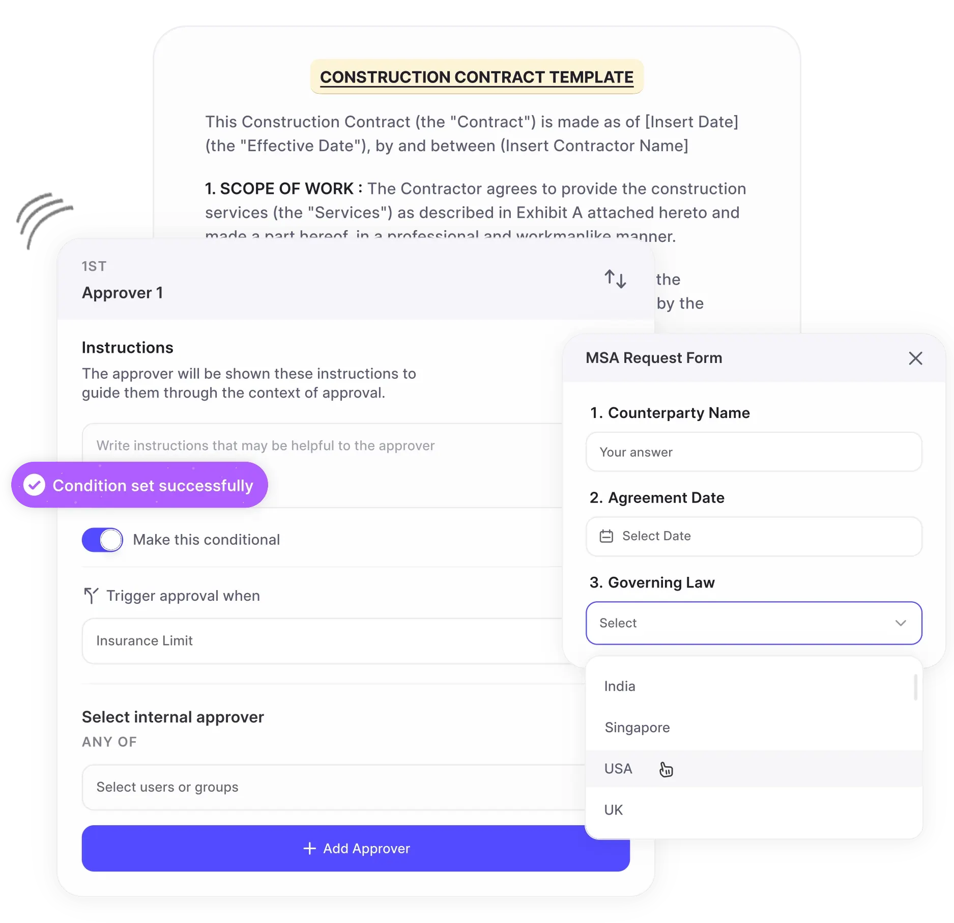 Government contract template with approval workflow and MSA request form