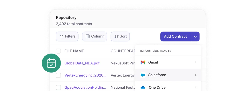HyperStart contract repository dashboard showing agreement list, contract owners, and document status