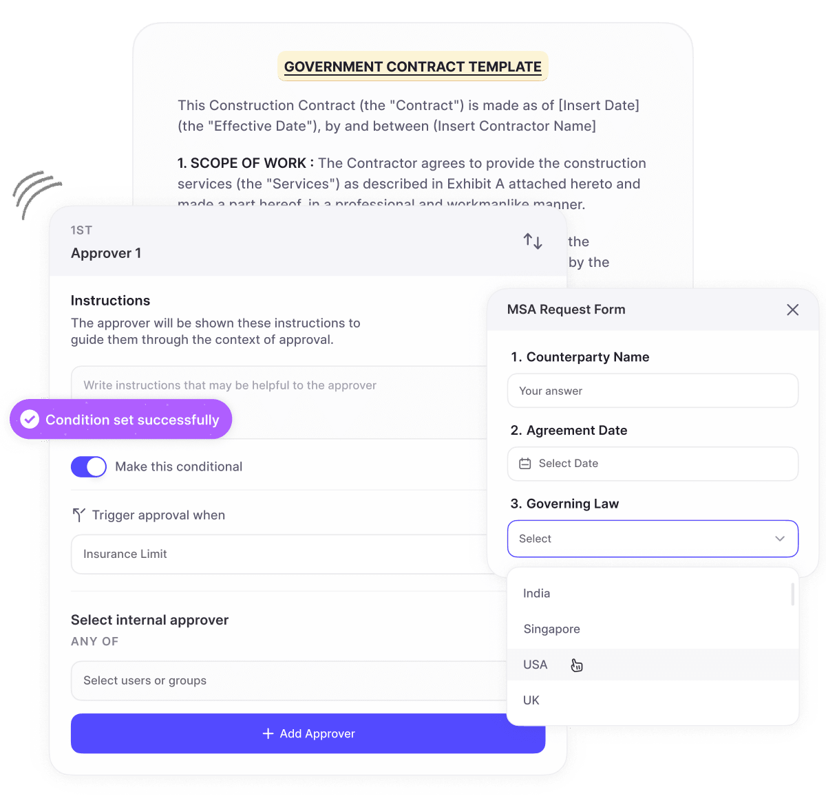 Government contract template with approval workflow and MSA request form